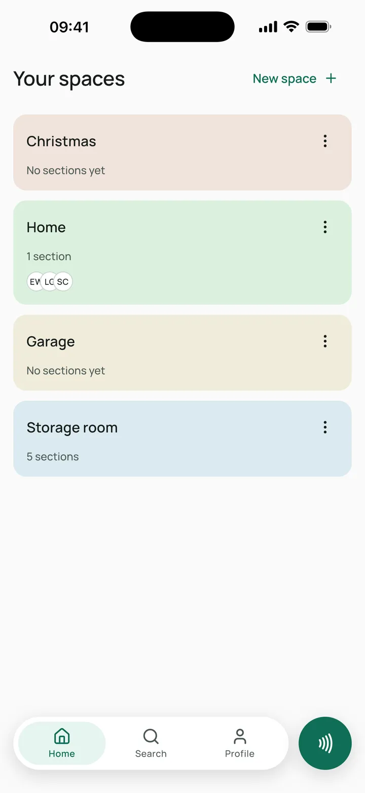 Tagbo Home screen with several spaces, each in its own colour