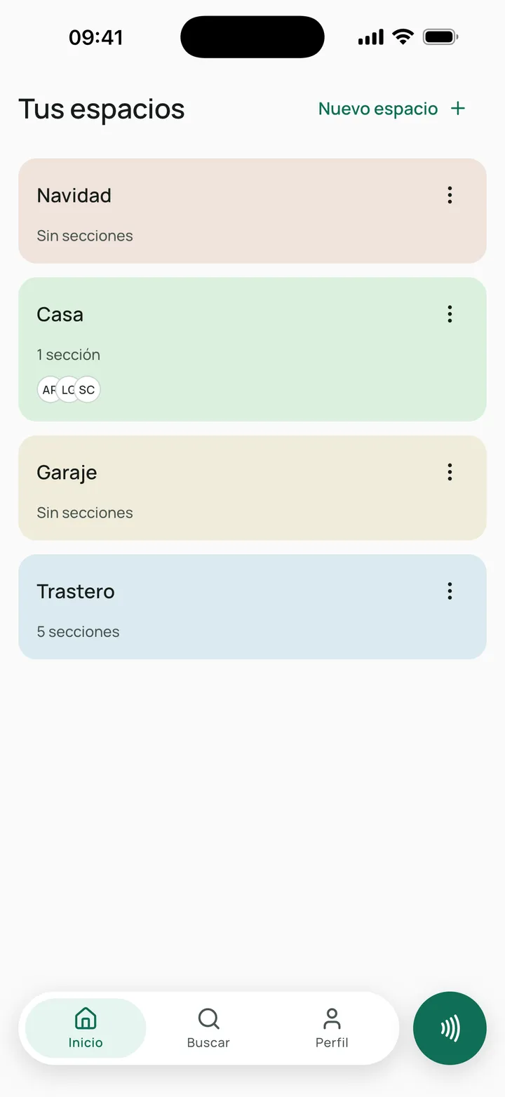 Pantalla de Inicio de Tagbo con varios espacios, cada uno con su color