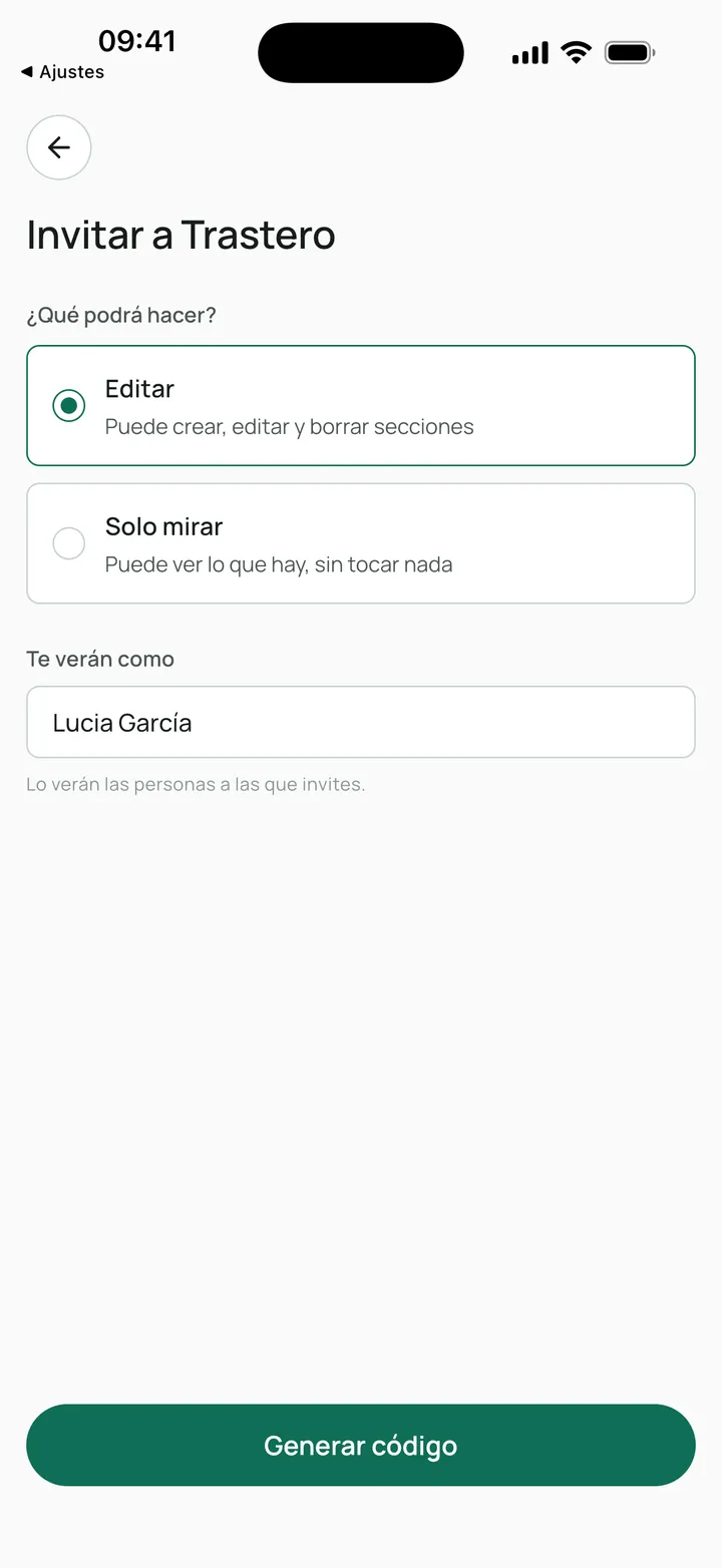 Pantalla de Tagbo para invitar a un espacio con un código y un rol