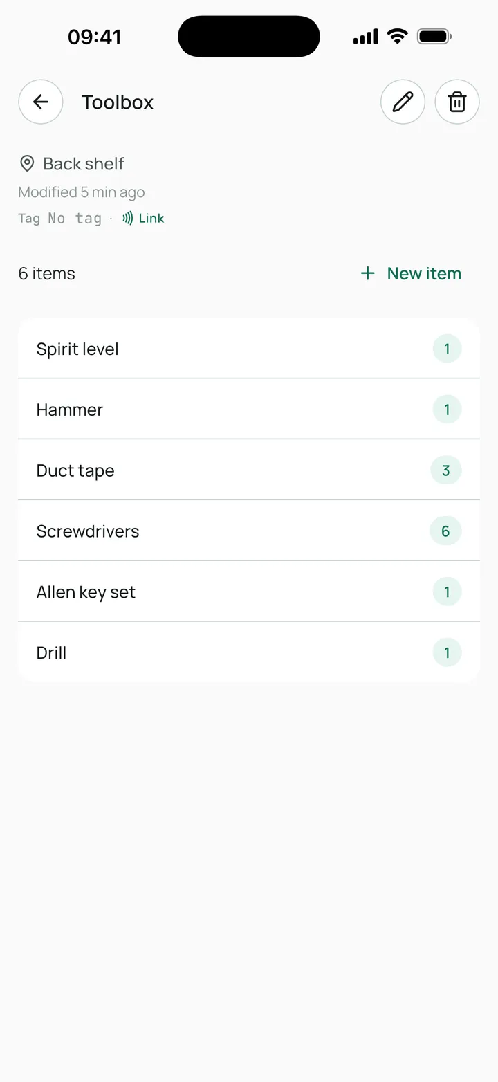 Tagbo screen showing a section's details: a toolbox and the items it holds