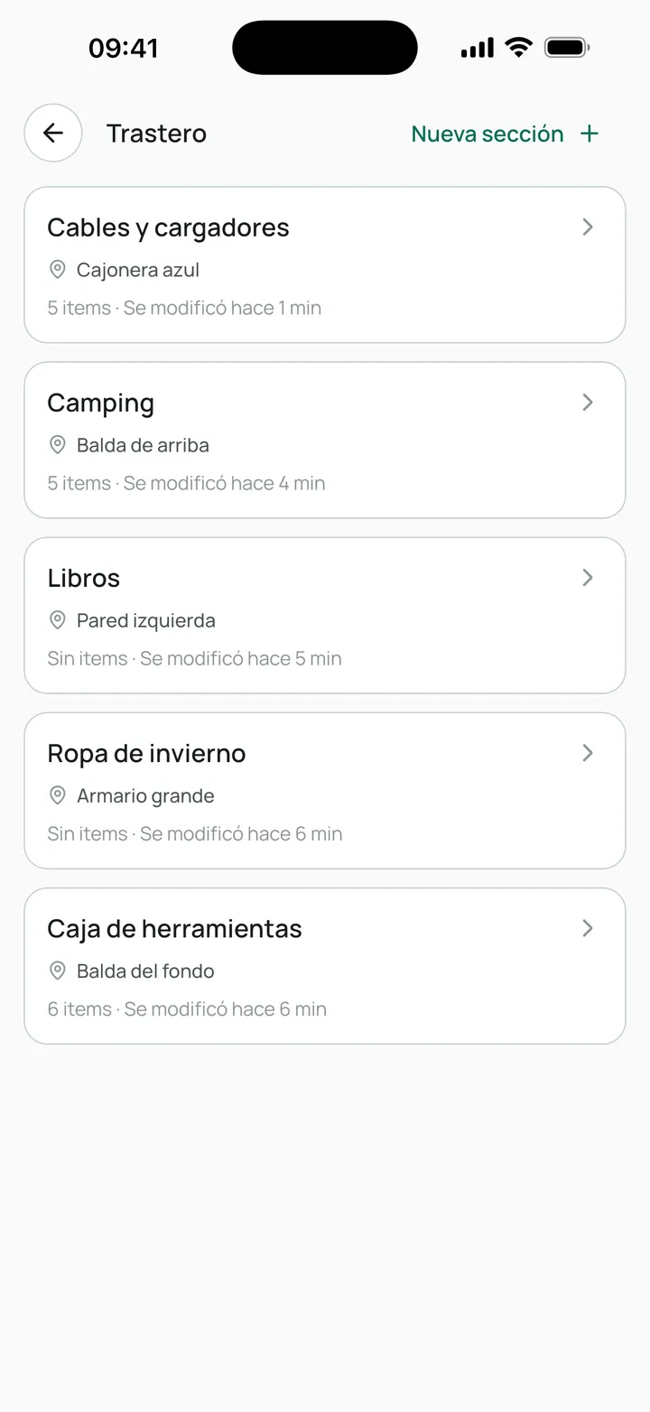 Pantalla de Tagbo con el contenido de un espacio: secciones con su ubicación y sus items